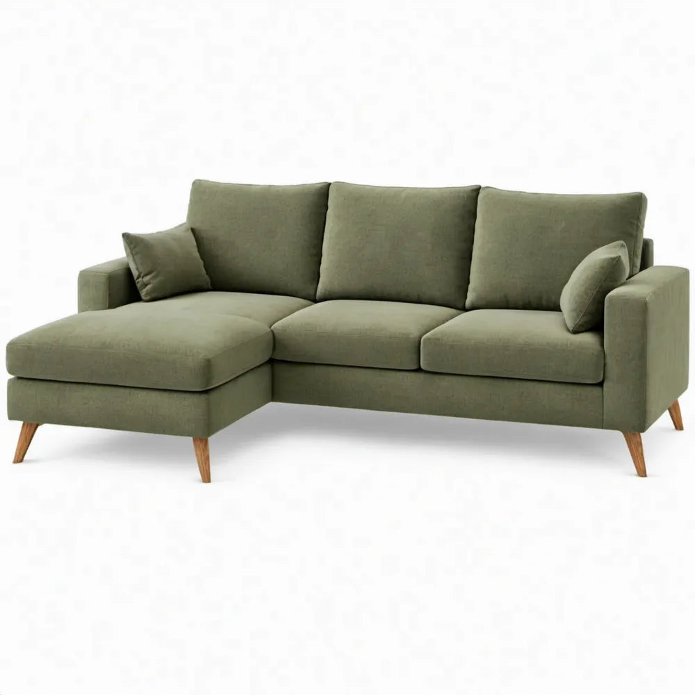 Olijfgroene hoekbank met chaise longue links, 220 x 150 cm, polyester en massief houten poten