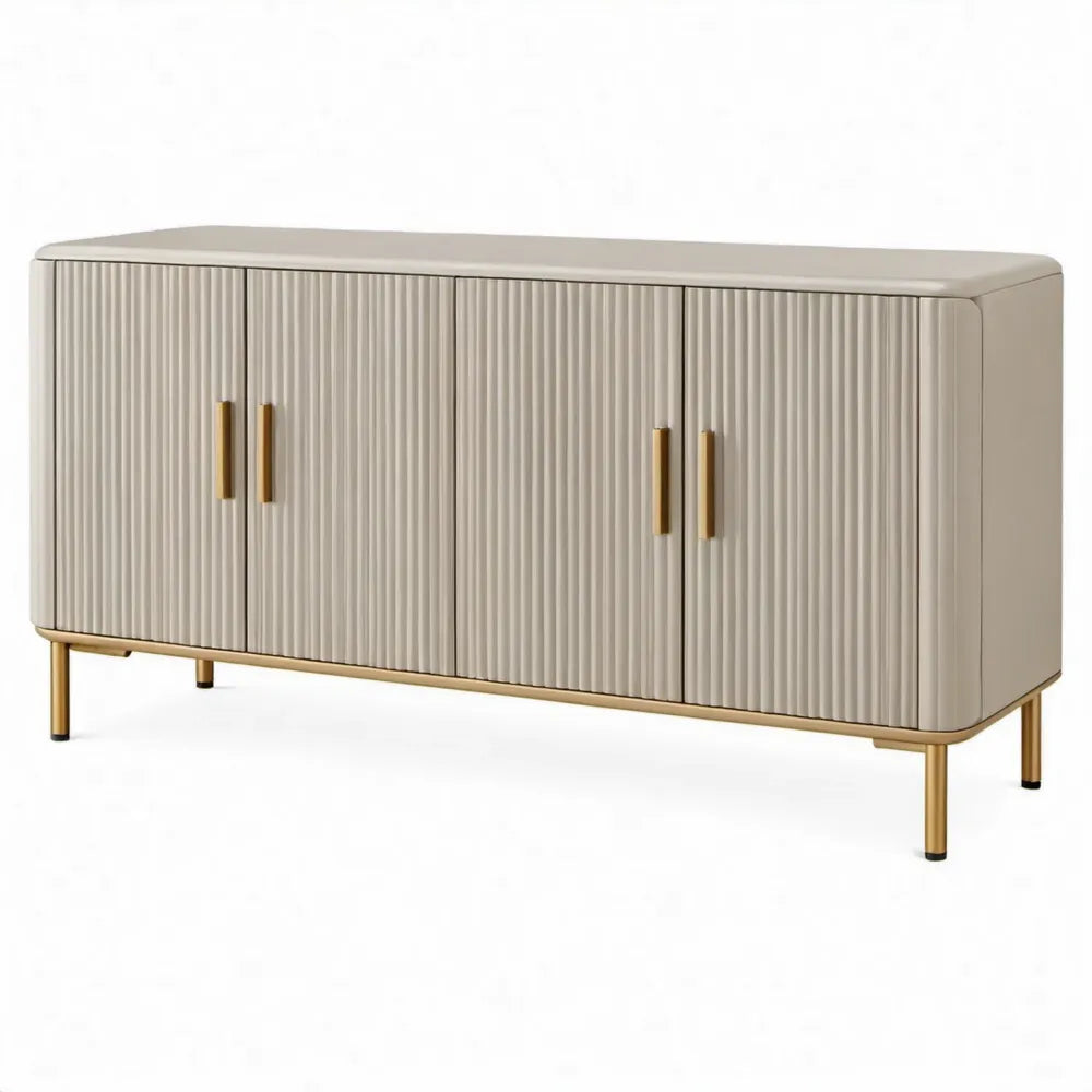 Beige dressoir met 4 geribbelde deuren en goudkleurige details, 160 x 40 x 80 cm
