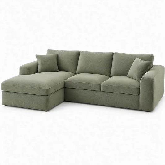 Olijfgroene hoekbank met chaise longue links 250 x 160 x 85 cm