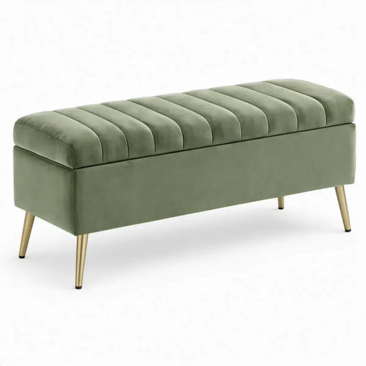 Olijfgroene fluwelen halbank met opbergruimte en goudkleurige stalen poten, 120 x 40 x 45 cm