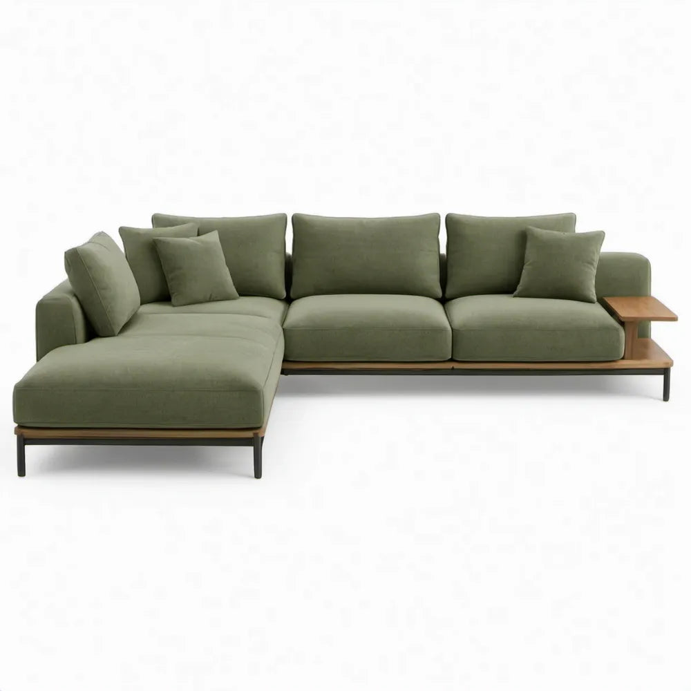 Olijfgroene L-vormige hoekbank met linker chaise longue en zijblad, 300 x 160 x 85 cm