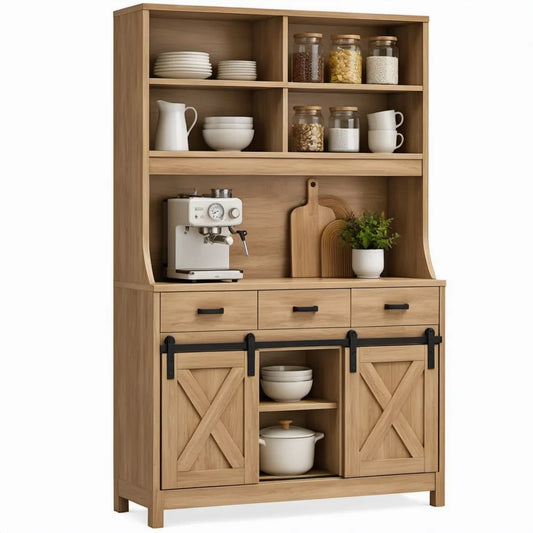 Hoge opbergkast van naturel eikenfineer met 3 lades, 2 schuifdeuren en open vakken, 120 x 40 x 190 cm
