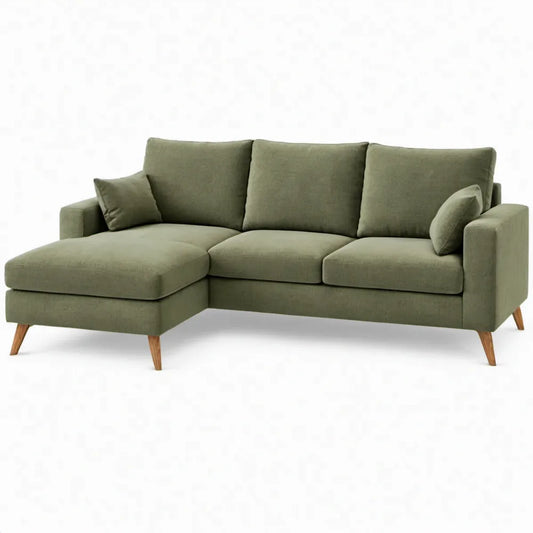 Olijfgroene hoekbank met chaise longue links, 220 x 150 cm, polyester en massief houten poten