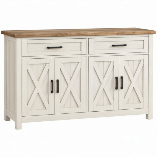 Dressoir met 4 deuren en 2 lades, 150 x 45 x 90 cm, wit met naturel houten blad en zwarte handgrepen