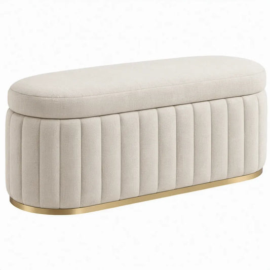 Gestoffeerde halbank ovaal 100 x 40 x 45 cm crème met goudkleurige onderrand