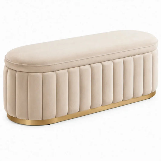 Ovale halbank met opbergruimte 100 x 40 x 45 cm – Crème fluweel met goudkleurige rand
