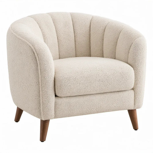 Crèmekleurige bouclé fauteuil met bruine houten poten, 76 x 75 x 78 cm