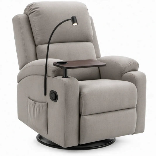 Elektrische draaifauteuil met relaxfunctie, leeslamp en zijtafel – Grijs/Zwart/Donkerbruin – 91 x 99 x 104 cm