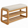 Bamboe zitbank met beige kussen en 2 opbergniveaus, 70 x 30 x 45 cm