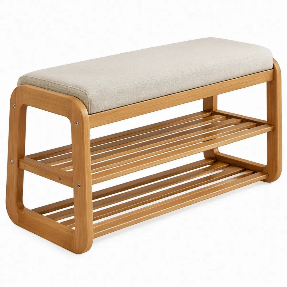 Bamboe zitbank met beige kussen en 2 opbergniveaus, 70 x 30 x 45 cm