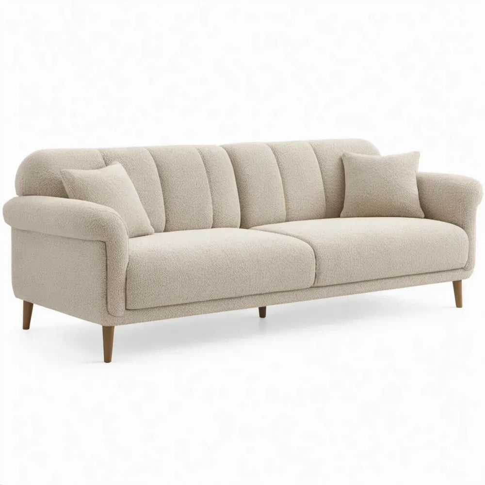 Crèmekleurige bouclé 3-zitsbank met bruine houten poten, 220 x 92 x 86 cm