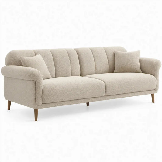 Crèmekleurige bouclé 3-zitsbank met bruine houten poten, 220 x 92 x 86 cm