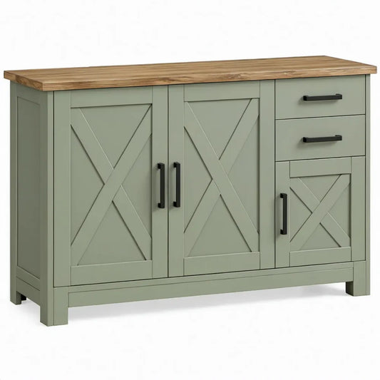 Dressoir met 3 deuren en 2 lades, 120 x 40 x 90 cm, saliegroen met massief grenenhouten blad
